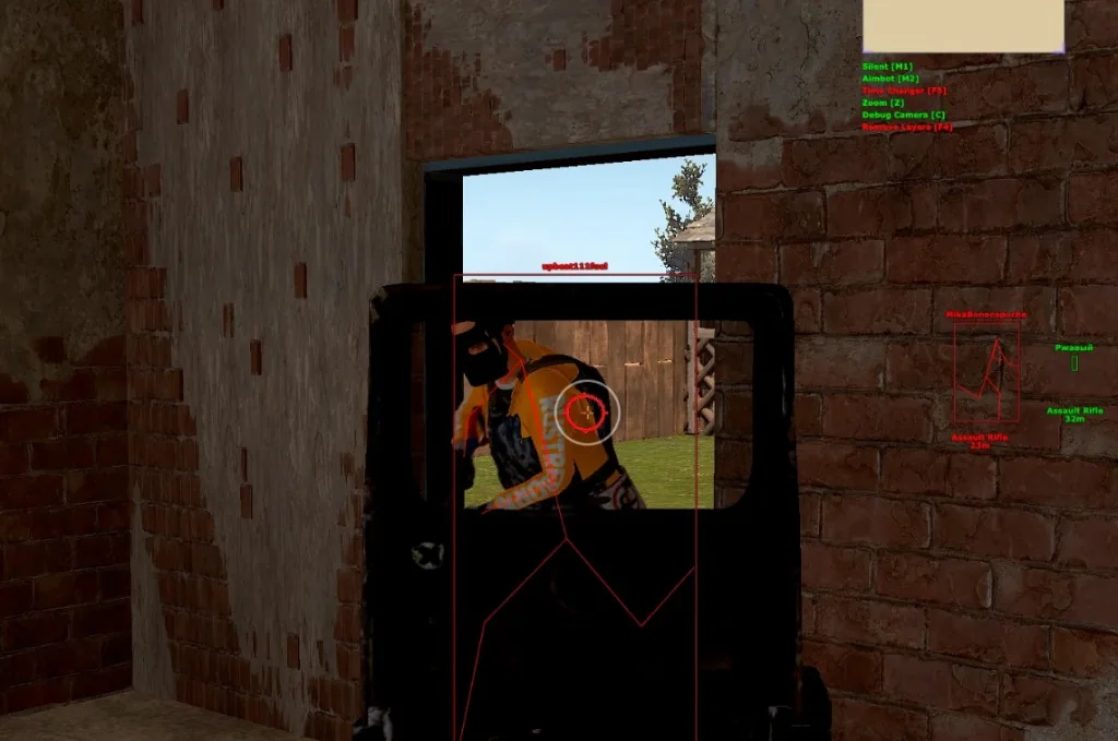 Rust aimbot menu overlay with red skeleton ESP and feature toggles