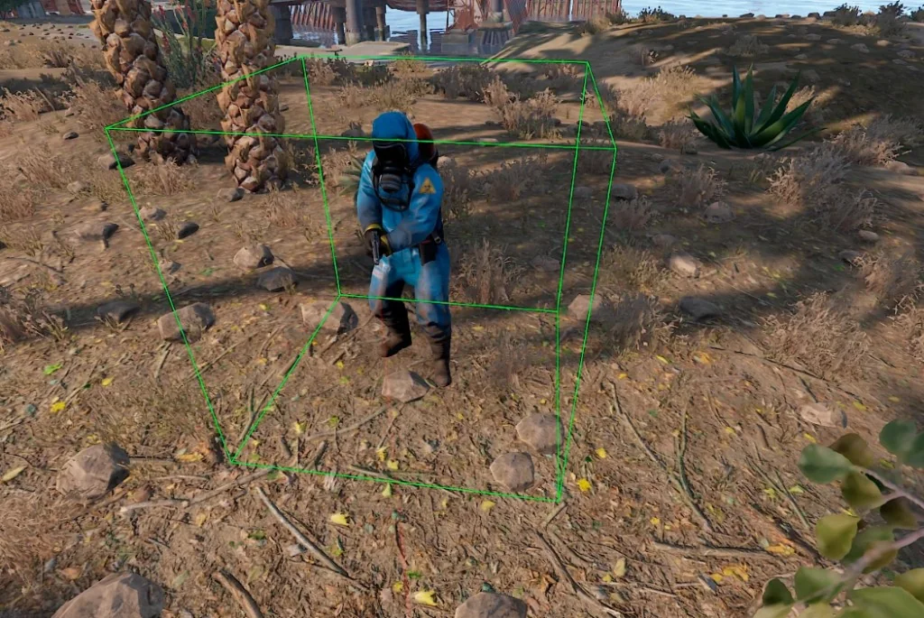 Rust wallhack green hitbox ESP on a hazmat-suited player